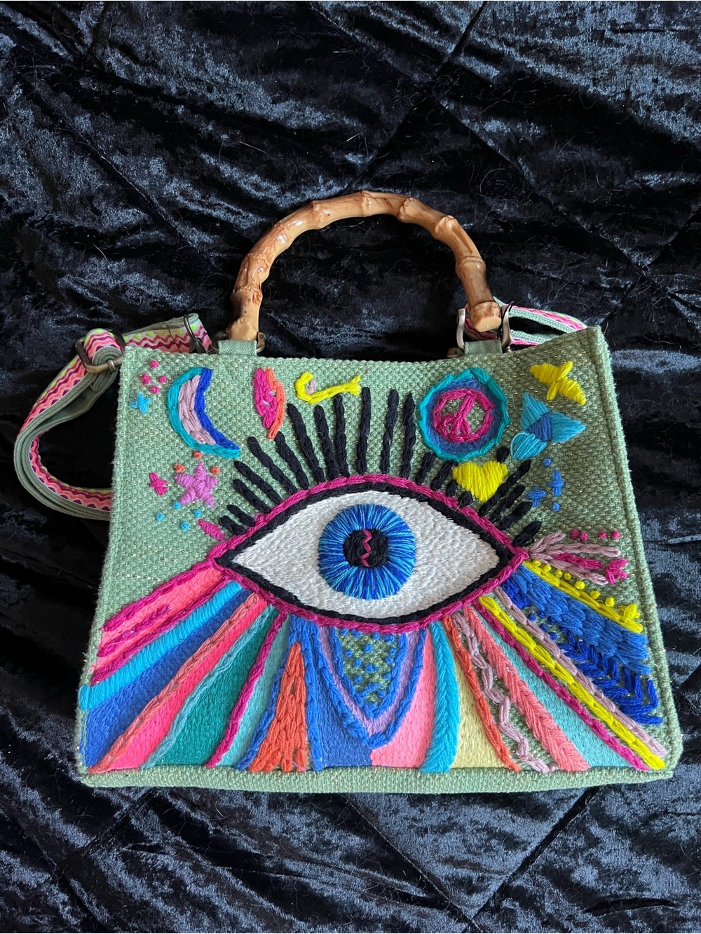 Embroidered Eye Satchel with Bamboo Handle - Green Multicolor - Picture 3 of 6